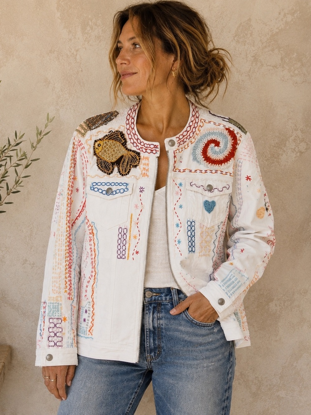 One of a Kind Hand Embroidered Patchwork Octopus Fish Art Jacket